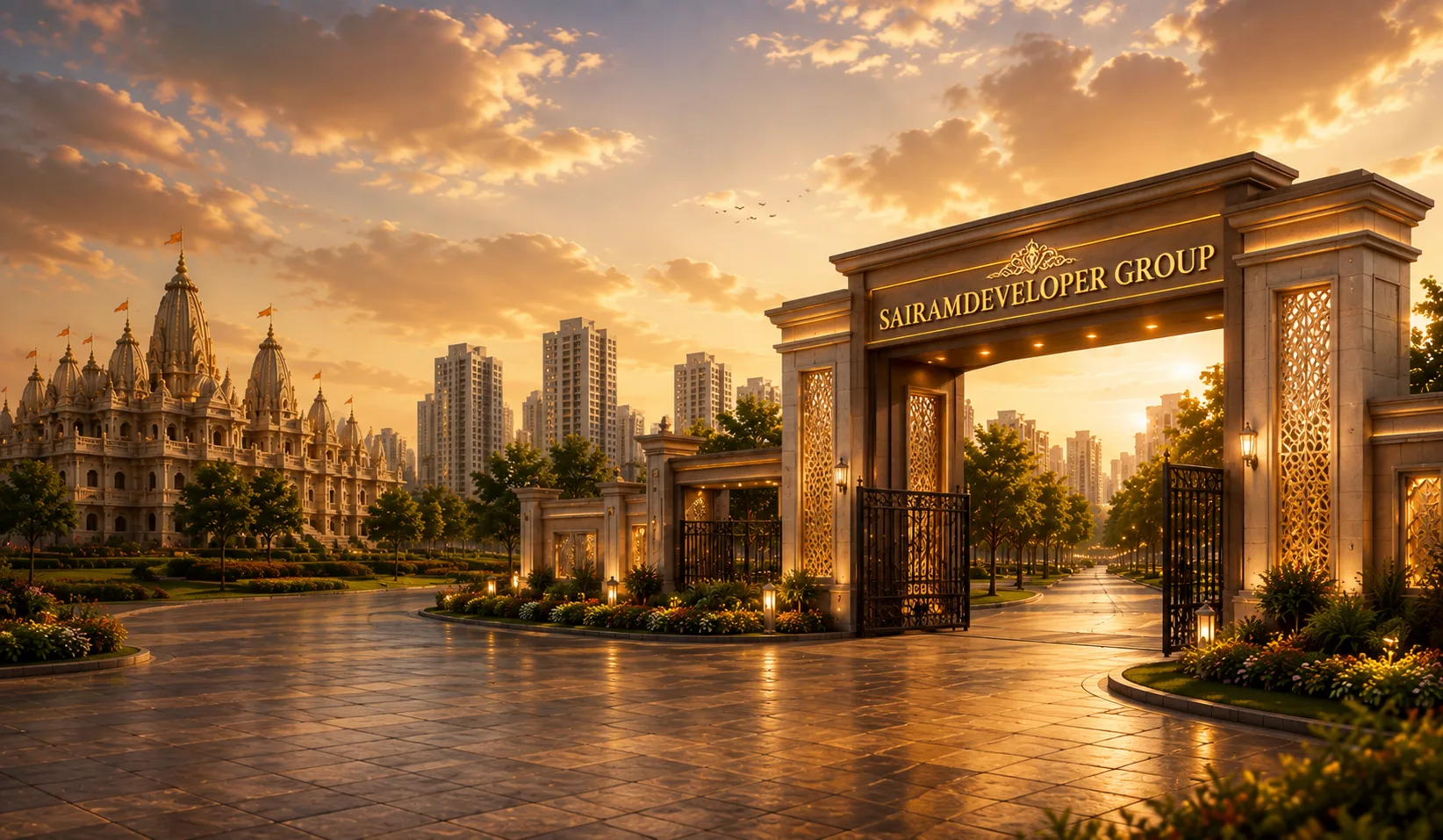 Artist's impression of the gated entrance to a Sai Ram Developer Group township at sunset, with temple shikharas and a tree-lined approach road